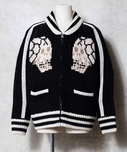 HOUSTON（ヒューストン）の「HOUSTON ヒューストン COWICHAN SWEATER（SKULL） / カウチンセーター スカジャン風 ニット カーディガン（カーディガン/ボレロ・メンズ・ブラック/ネイビー/マルーン・M/L/XL）」の9枚目の写真
