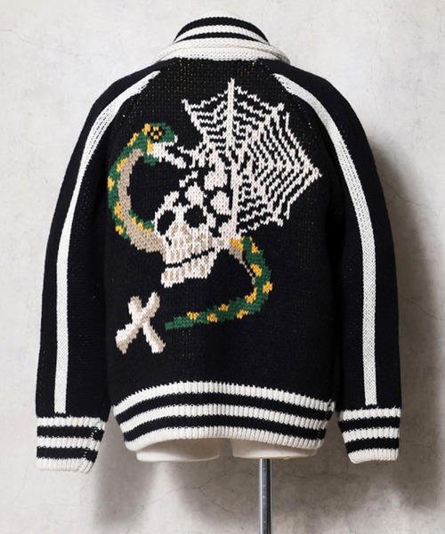 HOUSTON（ヒューストン）の「HOUSTON ヒューストン COWICHAN SWEATER（SKULL） / カウチンセーター スカジャン風 ニット カーディガン（カーディガン/ボレロ・メンズ・ブラック/ネイビー/マルーン・M/L/XL）」の8枚目の写真