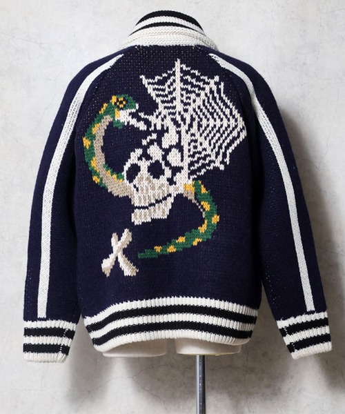 HOUSTON（ヒューストン）の「HOUSTON ヒューストン COWICHAN SWEATER（SKULL） / カウチンセーター スカジャン風 ニット カーディガン（カーディガン/ボレロ・メンズ・ブラック/ネイビー/マルーン・M/L/XL）」の6枚目の写真