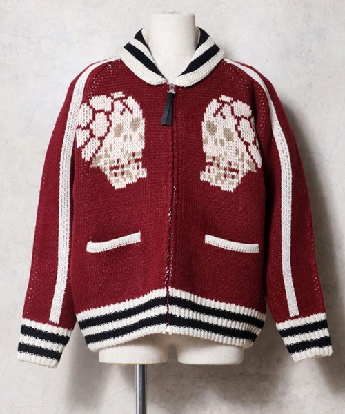 HOUSTON（ヒューストン）の「HOUSTON ヒューストン COWICHAN SWEATER（SKULL） / カウチンセーター スカジャン風 ニット カーディガン（カーディガン/ボレロ・メンズ・ブラック/ネイビー/マルーン・M/L/XL）」の5枚目の写真