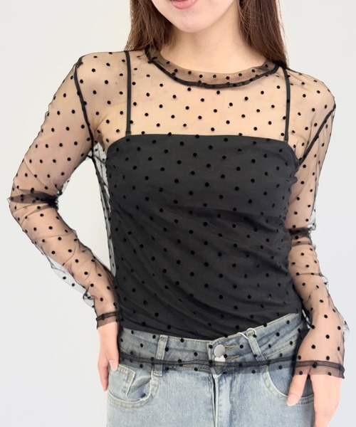 Alite cloth(アリーテクロス)の「ドット柄シアートップス チュールインナー(Tシャツ/カットソー・レディース・アイボリー/ブラック/ホワイト・F)」の3枚目の写真