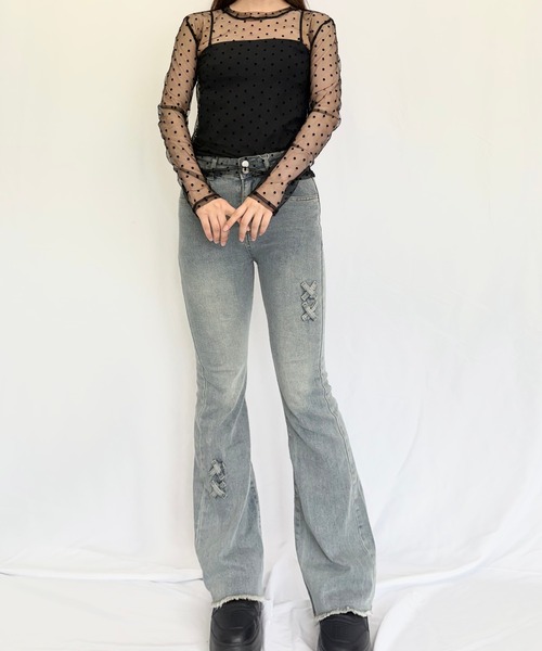 Alite cloth(アリーテクロス)の「ドット柄シアートップス チュールインナー(Tシャツ/カットソー・レディース・アイボリー/ブラック/ホワイト・F)」の5枚目の写真
