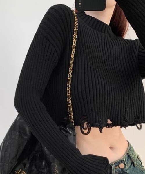 SHERU(シェル)の「ダメージ リブ クロップド丈 ニット ショート丈(ニット/セーター・レディース・ダークグレー/ホワイト/ブラック・M)」の6枚目の写真