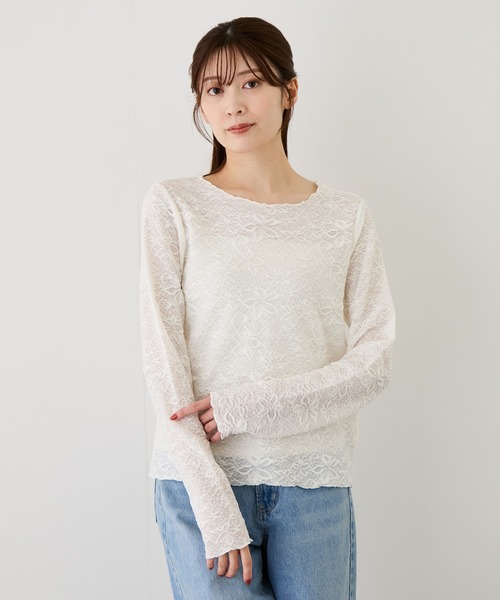Jayro(ジャイロ)の「ストレッチレースメロウ長袖プルオーバー(Tシャツ/カットソー・レディース・ダークブラウン/オフホワイト/ブラック・M)」の2枚目の写真