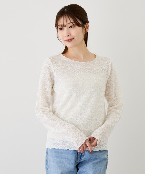 Jayro(ジャイロ)の「ストレッチレースメロウ長袖プルオーバー(Tシャツ/カットソー・レディース・ダークブラウン/オフホワイト/ブラック・M)」の4枚目の写真