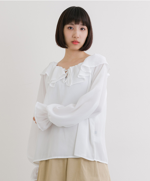 MERLOT（メルロー）の「ジョーゼットラッフルオフショルブラウス582-9527（シャツ/ブラウス・レディース・ベージュ/ネイビー/ホワイト/ピンク・FREE）」の2枚目の写真