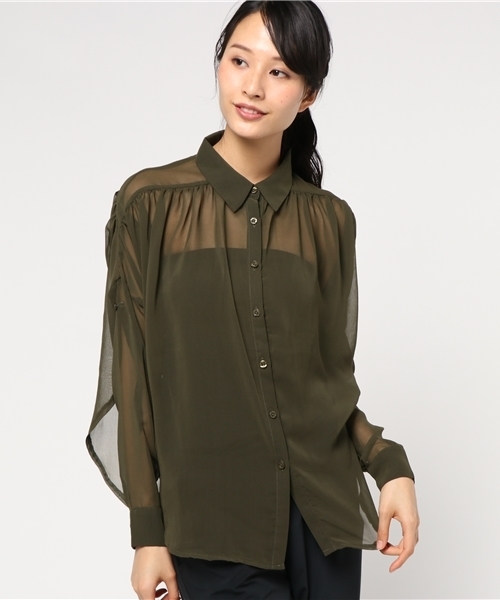 EGOIST（エゴイスト）の「ギャザーショルダーシースルーシャツ（シャツ/ブラウス・レディース・カーキ/ホワイト/ブラック・FREE）」の6枚目の写真