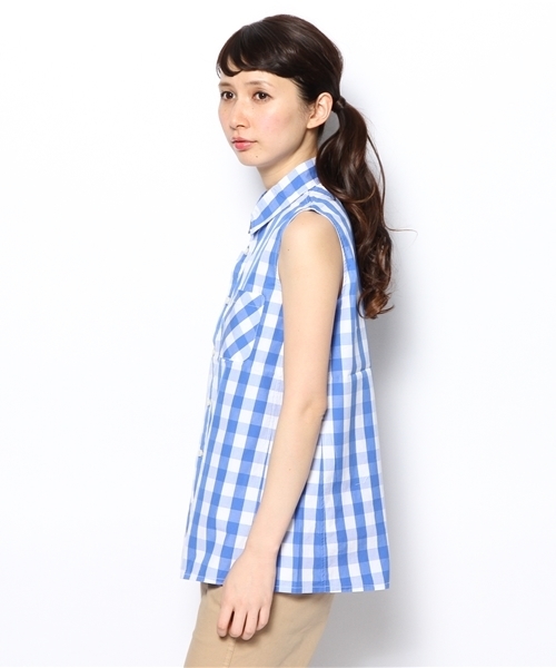 BEAMS BOY（ビームスボーイ）の「BEAMS BOY / ギンガム Aライン ノースリーブ シャツ（シャツ/ブラウス・レディース・ブルー/ネイビー・ONE SIZE）」の3枚目の写真