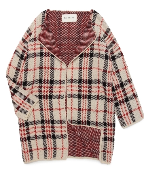 Ray BEAMS（レイビームス）の「Ray BEAMS / チェック ノーカラー  ニットコート（ノーカラージャケット・レディース・オフホワイト/ネイビー・ONE SIZE）」の19枚目の写真