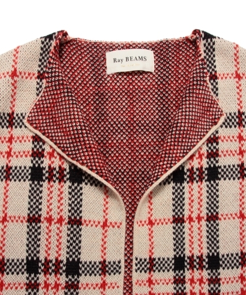 Ray BEAMS（レイビームス）の「Ray BEAMS / チェック ノーカラー  ニットコート（ノーカラージャケット・レディース・オフホワイト/ネイビー・ONE SIZE）」の13枚目の写真
