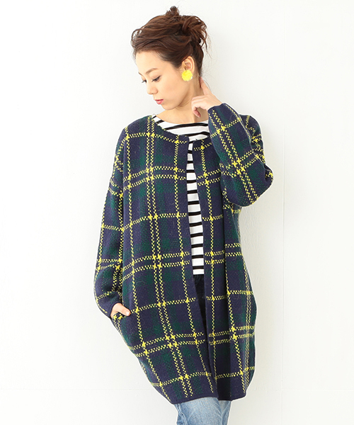 Ray BEAMS（レイビームス）の「Ray BEAMS / チェック ノーカラー  ニットコート（ノーカラージャケット・レディース・オフホワイト/ネイビー・ONE SIZE）」の21枚目の写真