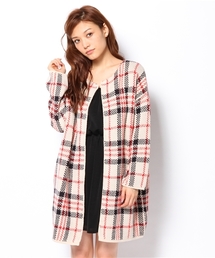 Ray BEAMS | Ray BEAMS / チェック ノーカラー  ニットコート(ノーカラージャケット)