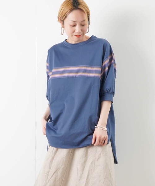 malla(マーラ)の「malla マーラ マルチボーダーチュニック(Tシャツ/カットソー)」|ブルー