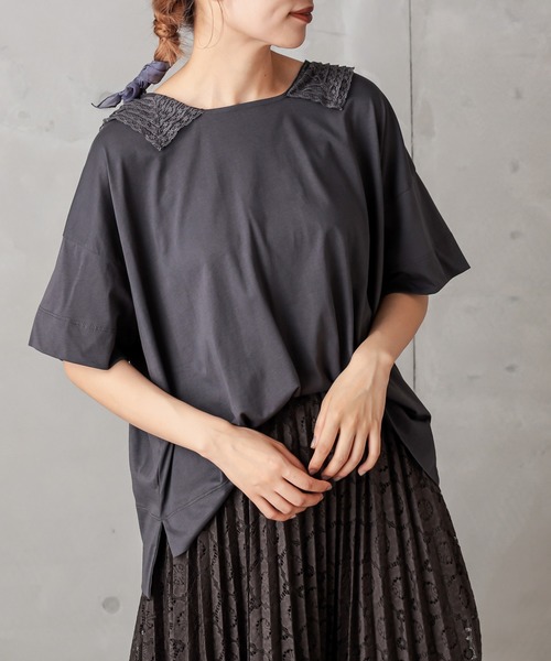 PUAL CE CIN（ピュアルセシン）の「シルケット衿レースT（Tシャツ/カットソー・レディース・ベージュ/ブラック/グレー・FREE）」の5枚目の写真