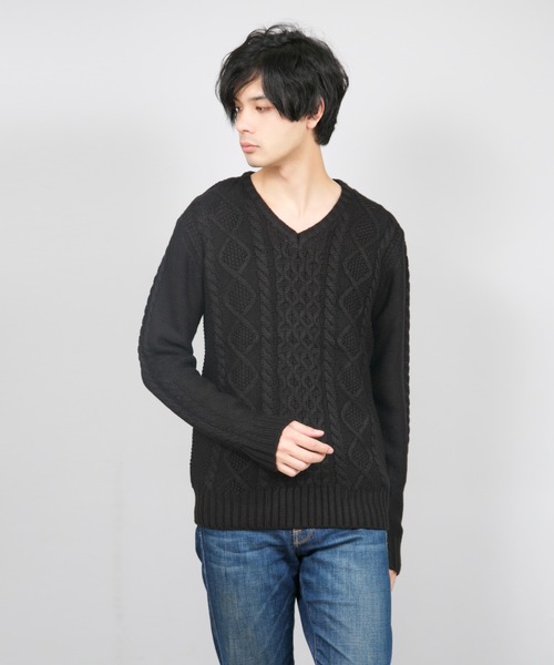 Bling Leads（ブリングリーズ）の「bling leads/アクリルケーブルV/N（ニット/セーター・メンズ・杢グレー/パープル系その他/ブラック系その他2/ホワイト系その他/ブラック系その他/キャメル/ベージュ系その他/ワイン/グレー系その他/ブルー系その他/アイボリー/ブラウン/ネイビー/ブラック・LARGE/MEDIUM/X-LARGE）」の4枚目の写真