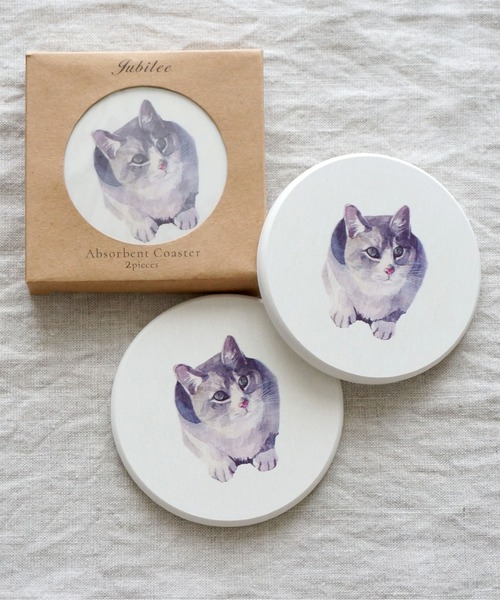 セール】珪藻土コースター 同柄 2枚セット キャット（キッチン