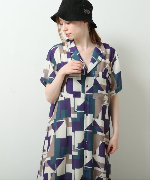 Double ワンピース ドレスname ダブルネーム のファッション オリジナル幾何学柄開襟aラインワンピース ワンピース Double