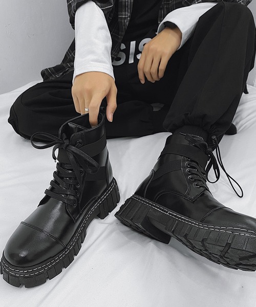 aimoha（アイモハ）の「ハイソールPU厚底スニーカーブーツ（ブーツ・メンズ・ブラック/ブラック系その他・26.0cm/25.0cm/26.5cm/27.0cm/25.5cm/24.5cm）」の5枚目の写真