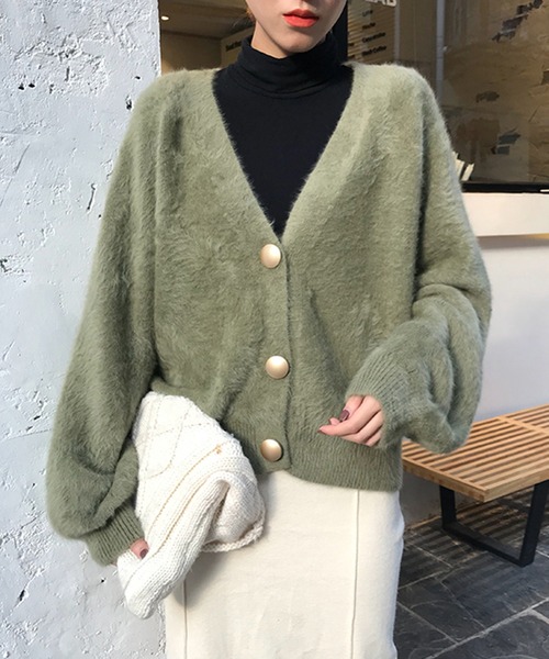 Jasmine Grandiflorum（ジャスミングランディフローラム）の「【Jasmine】シャギーニットVネックカーディガン（カーディガン/ボレロ・レディース・ホワイト/カーキ/ピンク/スモークピンク/グリーン・FREE）」の8枚目の写真