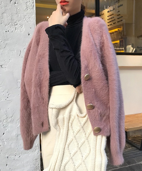 Jasmine Grandiflorum（ジャスミングランディフローラム）の「【Jasmine】シャギーニットVネックカーディガン（カーディガン/ボレロ・レディース・ホワイト/カーキ/ピンク/スモークピンク/グリーン・FREE）」の14枚目の写真