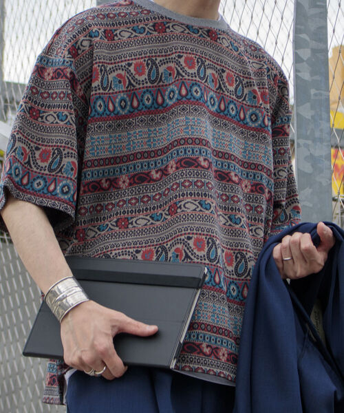 GLOSTER（グロスター）の「【GLOSTER/グロスター】ジオメトリック ニットライクTシャツ（Tシャツ/カットソー・メンズ・ブラック系その他/ベージュ系その他・MEDIUM/LARGE）」の2枚目の写真