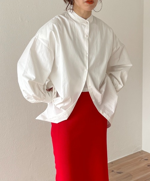 wee9s(ウィークス)の「volume sleeve no collar shirt / お尻すっぽりボリュームスリーブノーカラーシャツ(シャツ/ブラウス・レディース・ピンク/ブルー/アイボリー/ベージュ/チェリーピンク/ブラック/グリーン・FREE)」の2枚目の写真