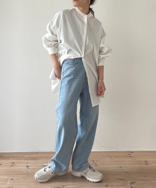 wee9s(ウィークス)の「volume sleeve no collar shirt / お尻すっぽりボリュームスリーブノーカラーシャツ(シャツ/ブラウス・レディース・ピンク/ブルー/アイボリー/ベージュ/チェリーピンク/ブラック/グリーン・FREE)」の12枚目の写真