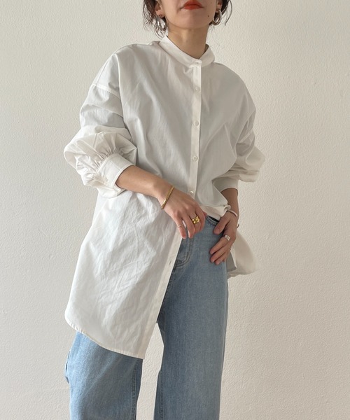 wee9s(ウィークス)の「volume sleeve no collar shirt / お尻すっぽりボリュームスリーブノーカラーシャツ(シャツ/ブラウス・レディース・ピンク/ブルー/アイボリー/ベージュ/チェリーピンク/ブラック/グリーン・FREE)」の21枚目の写真