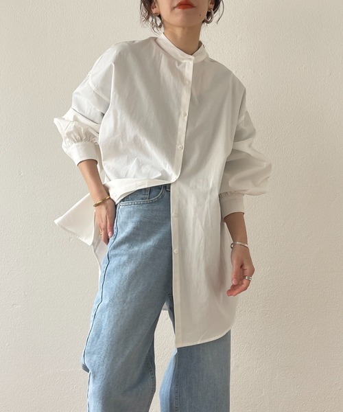 wee9s(ウィークス)の「volume sleeve no collar shirt / お尻すっぽりボリュームスリーブノーカラーシャツ(シャツ/ブラウス・レディース・ピンク/ブルー/アイボリー/ベージュ/チェリーピンク/ブラック/グリーン・FREE)」の13枚目の写真