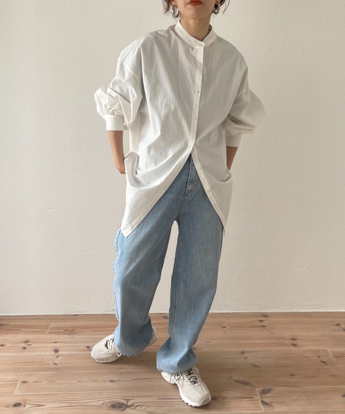 wee9s(ウィークス)の「volume sleeve no collar shirt / お尻すっぽりボリュームスリーブノーカラーシャツ(シャツ/ブラウス・レディース・ピンク/ブルー/アイボリー/ベージュ/チェリーピンク/ブラック/グリーン・FREE)」の14枚目の写真