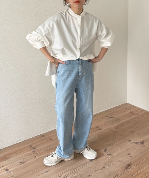 wee9s(ウィークス)の「volume sleeve no collar shirt / お尻すっぽりボリュームスリーブノーカラーシャツ(シャツ/ブラウス・レディース・ピンク/ブルー/アイボリー/ベージュ/チェリーピンク/ブラック/グリーン・FREE)」の15枚目の写真