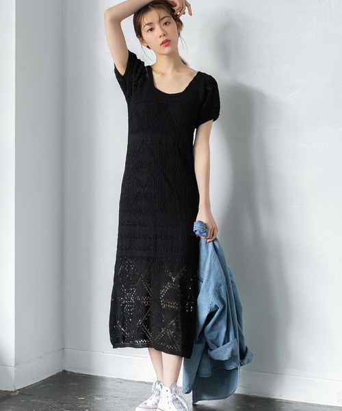 fifth（フィフス）の「パフスリーブ鍵編みロングワンピース（ワンピース・レディース・ブラック/ベージュ・M）」の2枚目の写真