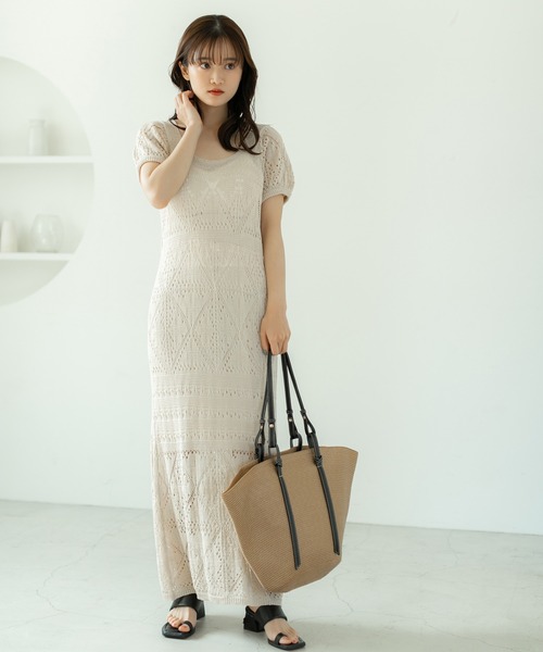 fifth（フィフス）の「パフスリーブ鍵編みロングワンピース（ワンピース・レディース・ブラック/ベージュ・M）」の7枚目の写真