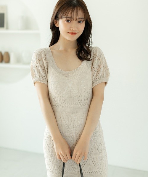 fifth（フィフス）の「パフスリーブ鍵編みロングワンピース（ワンピース・レディース・ブラック/ベージュ・M）」の3枚目の写真