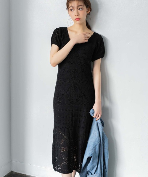 fifth（フィフス）の「パフスリーブ鍵編みロングワンピース（ワンピース・レディース・ブラック/ベージュ・M）」の8枚目の写真