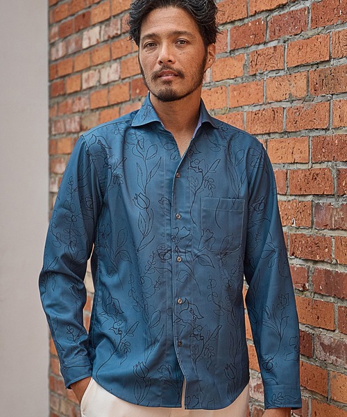 UNION STATION（ユニオンステーション）の「【EFFORTLESS】ストレッチドビー総柄プリントカッタウェイシャツ/スキッパーシャツ（シャツ/ブラウス・メンズ・ホワイト/ネイビー/ブルー・LL/M/L）」の3枚目の写真