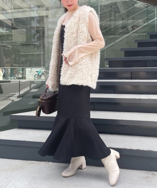 one after another NICE CLAUP（ワンアフターアナザーナイスクラップ）の「大人可愛い/着丈調節可能/ 肩リボンマーメイドキャミワンピース（ワンピース・レディース・キャメル/アイボリー/ブラック/ブラウン系その他/ベージュ/モカ/パープル・FREE）」の10枚目の写真