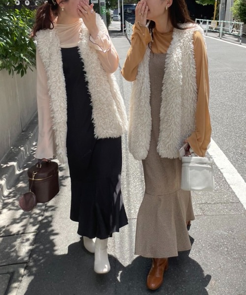 one after another NICE CLAUP（ワンアフターアナザーナイスクラップ）の「大人可愛い/着丈調節可能/ 肩リボンマーメイドキャミワンピース（ワンピース・レディース・キャメル/アイボリー/ブラック/ブラウン系その他/ベージュ/モカ/パープル・FREE）」の11枚目の写真