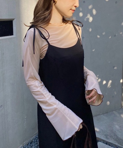 one after another NICE CLAUP（ワンアフターアナザーナイスクラップ）の「大人可愛い/着丈調節可能/ 肩リボンマーメイドキャミワンピース（ワンピース・レディース・キャメル/アイボリー/ブラック/ブラウン系その他/ベージュ/モカ/パープル・FREE）」の14枚目の写真