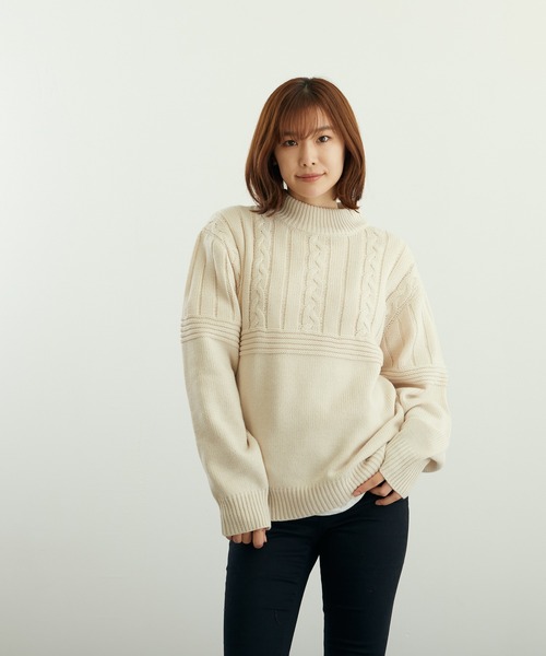 VIBGYOR(ヴィブジョー)の「A/Tケーブル切替H/N(BL)(ニット/セーター・メンズ・グレイッシュベージュ/グリーン/ベージュ/ブラウン/チャコールグレー/ブラック・LARGE/MEDIUM)」の4枚目の写真