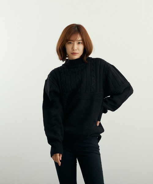 VIBGYOR(ヴィブジョー)の「A/Tケーブル切替H/N(BL)(ニット/セーター・メンズ・グレイッシュベージュ/グリーン/ベージュ/ブラウン/チャコールグレー/ブラック・LARGE/MEDIUM)」の2枚目の写真
