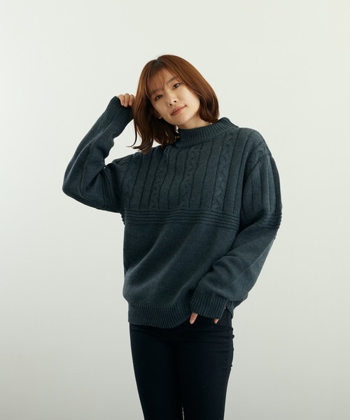 VIBGYOR(ヴィブジョー)の「A/Tケーブル切替H/N(BL)(ニット/セーター・メンズ・グレイッシュベージュ/グリーン/ベージュ/ブラウン/チャコールグレー/ブラック・LARGE/MEDIUM)」の13枚目の写真