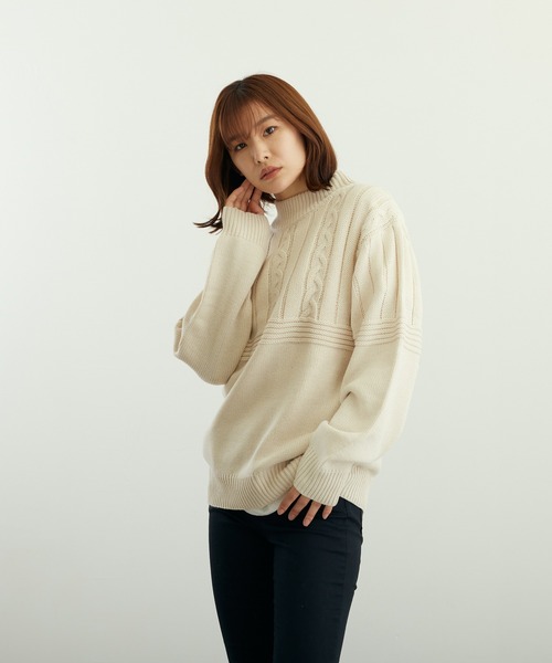 VIBGYOR(ヴィブジョー)の「A/Tケーブル切替H/N(BL)(ニット/セーター・メンズ・グレイッシュベージュ/グリーン/ベージュ/ブラウン/チャコールグレー/ブラック・LARGE/MEDIUM)」の11枚目の写真