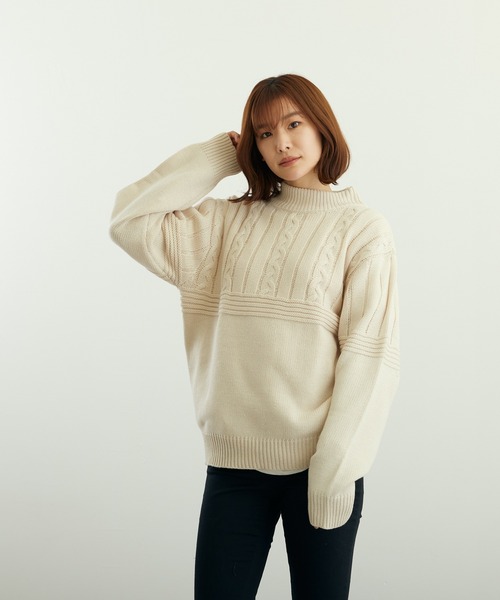 VIBGYOR(ヴィブジョー)の「A/Tケーブル切替H/N(BL)(ニット/セーター・メンズ・グレイッシュベージュ/グリーン/ベージュ/ブラウン/チャコールグレー/ブラック・LARGE/MEDIUM)」の8枚目の写真
