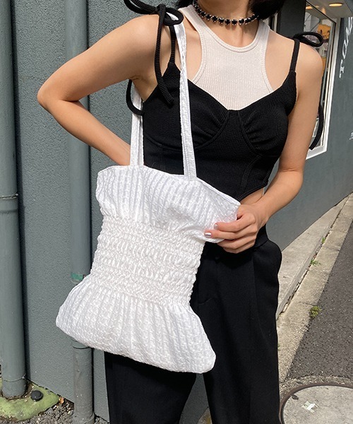 Casselini（キャセリーニ）の「Casselini(キャセリーニ)ジャガードシャーリングバッグ（トートバッグ・レディース・ホワイト/ブラック/ベージュ/サックスブルー/グリーン/イエロー・FREE）」の11枚目の写真