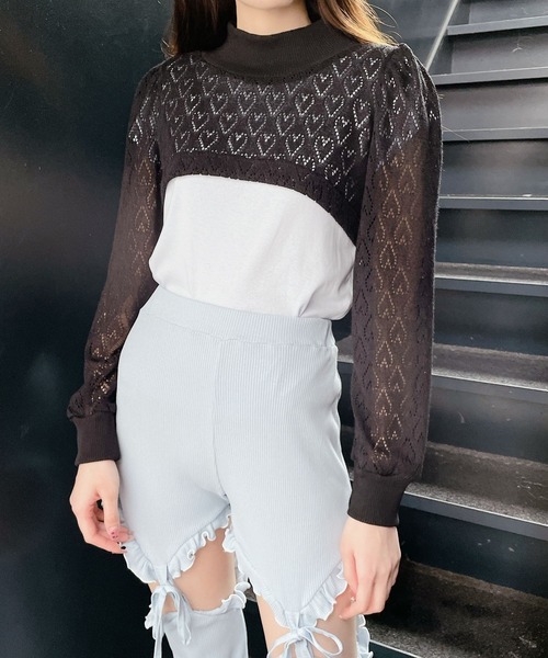 lilLilly（リルリリー）の「ショートハートトップス（ニット/セーター・レディース・ホワイト/ブラック・FREE）」の6枚目の写真