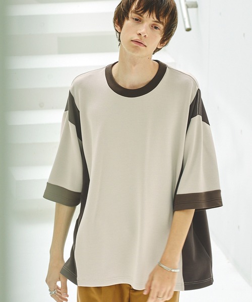 EMMA CLOTHES（エマクローズ）の「ドレープポンチ コンビカラー ルーズS/Sカットソー EMMA CLOTHES 2023SS（Tシャツ/カットソー・メンズ・ベージュ系/ブルー系/グレー系・M/L）」の4枚目の写真