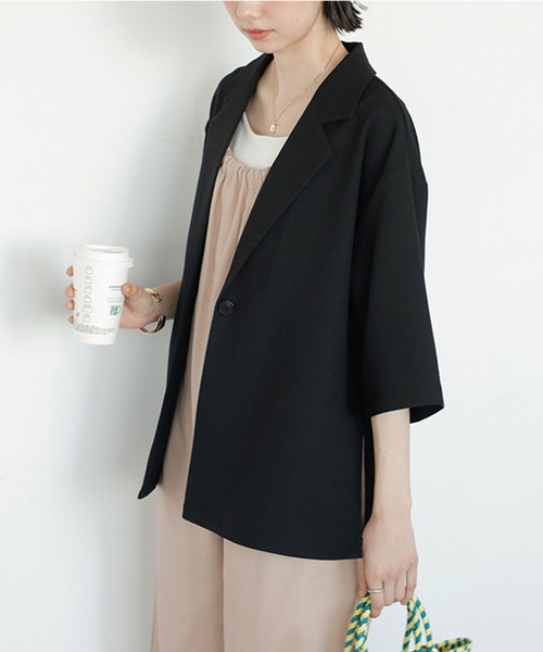 GeeRA（ジーラ）の「リネンタッチ半袖テーラードジャケット（テーラードジャケット・レディース・オフホワイト/ブラック・LARGE/MEDIUM）」の2枚目の写真