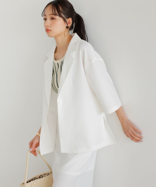 GeeRA（ジーラ）の「リネンタッチ半袖テーラードジャケット（テーラードジャケット・レディース・オフホワイト/ブラック・LARGE/MEDIUM）」の13枚目の写真