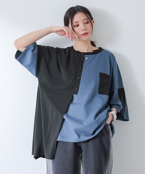 osharewalker(オシャレウォーカー)の「『異素材配色アシメデザインTシャツ』(Tシャツ/カットソー・レディース・グレイッシュブルー/ブラック・FREE)」の2枚目の写真